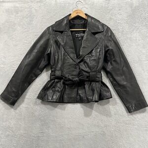 Vintage Wilsons Leather Coat Jacket Women M Black 90s Goth Grunge Sleek Peplum